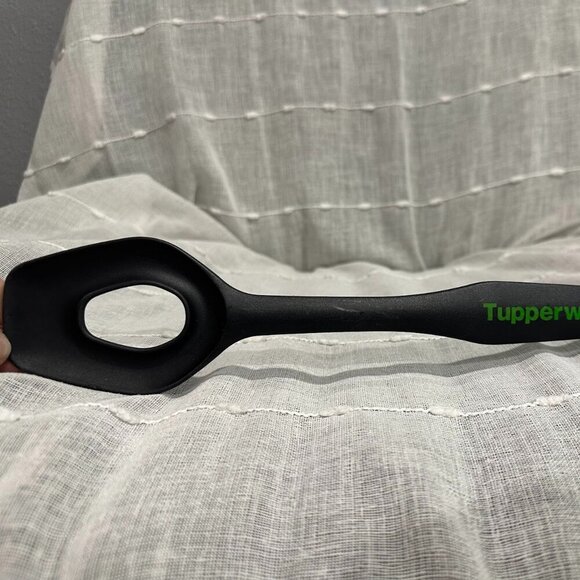Tupperware Black Flow Thru Spoon Serving Utensil Slotted Hole with Green Handle - Picture 2 of 6
